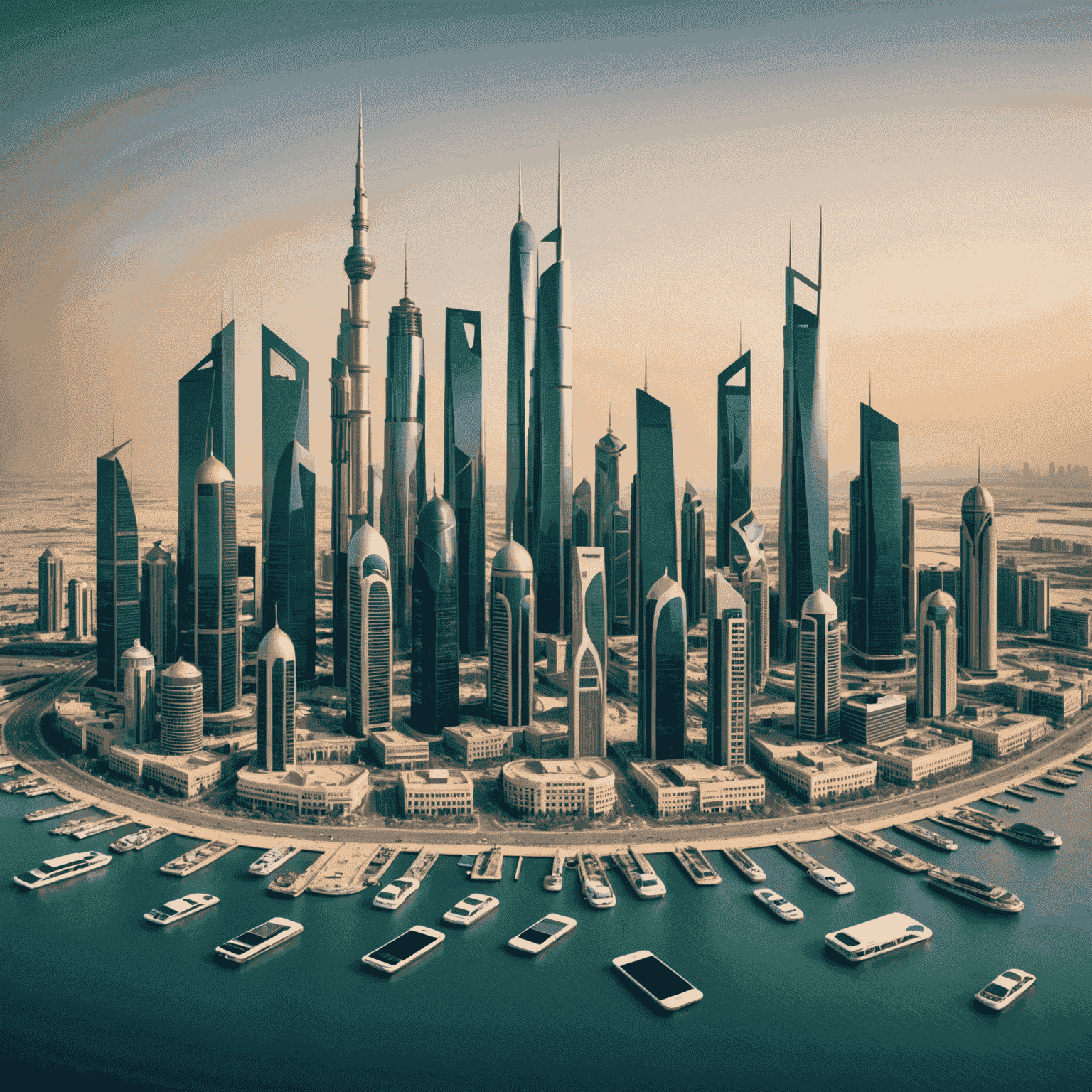 Collage of Kuwait City skyline, mobile phones, and SIM cards representing the diverse mobile services available in Kuwait