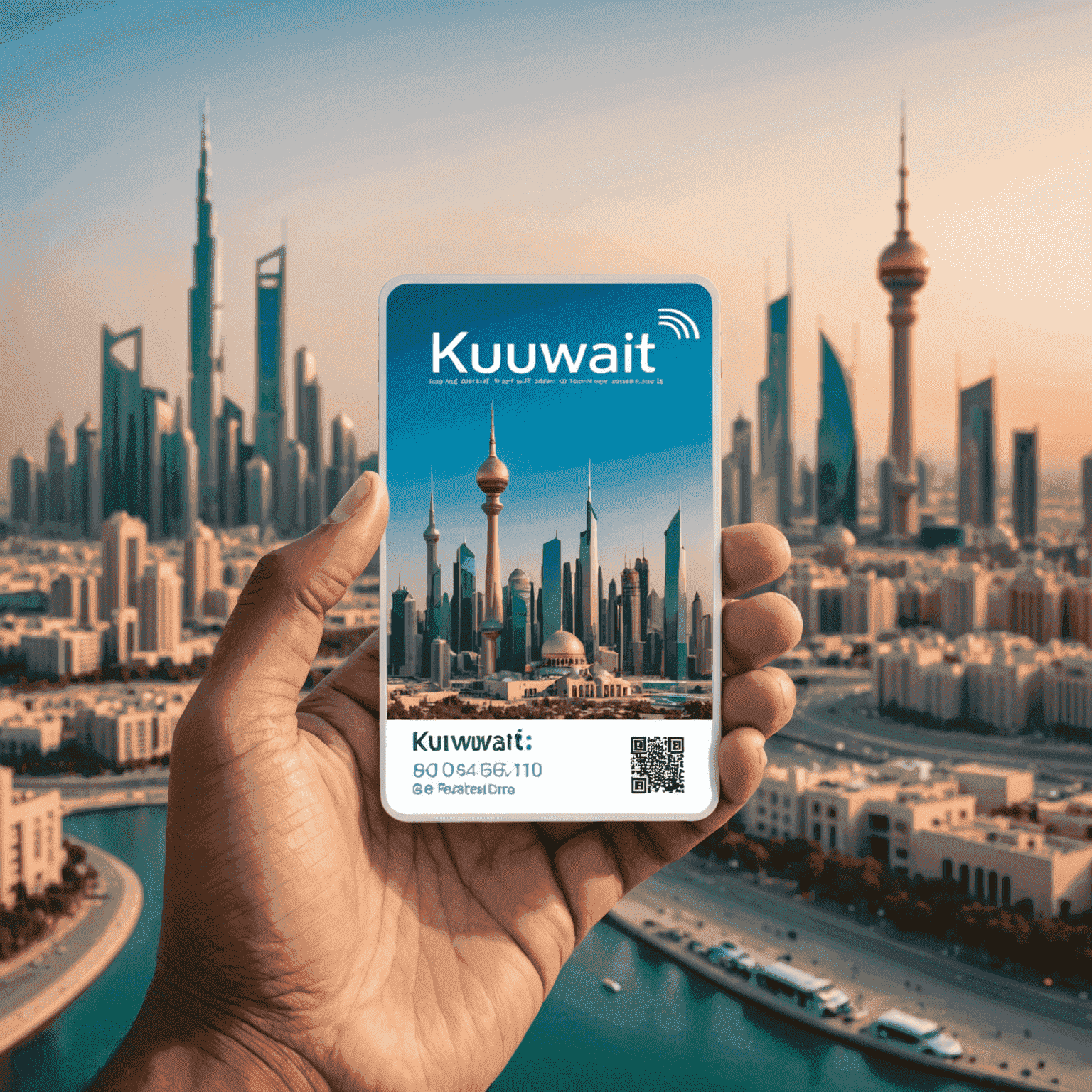 A hand holding a Kuwait SIM card with iconic Kuwait City skyline in the background