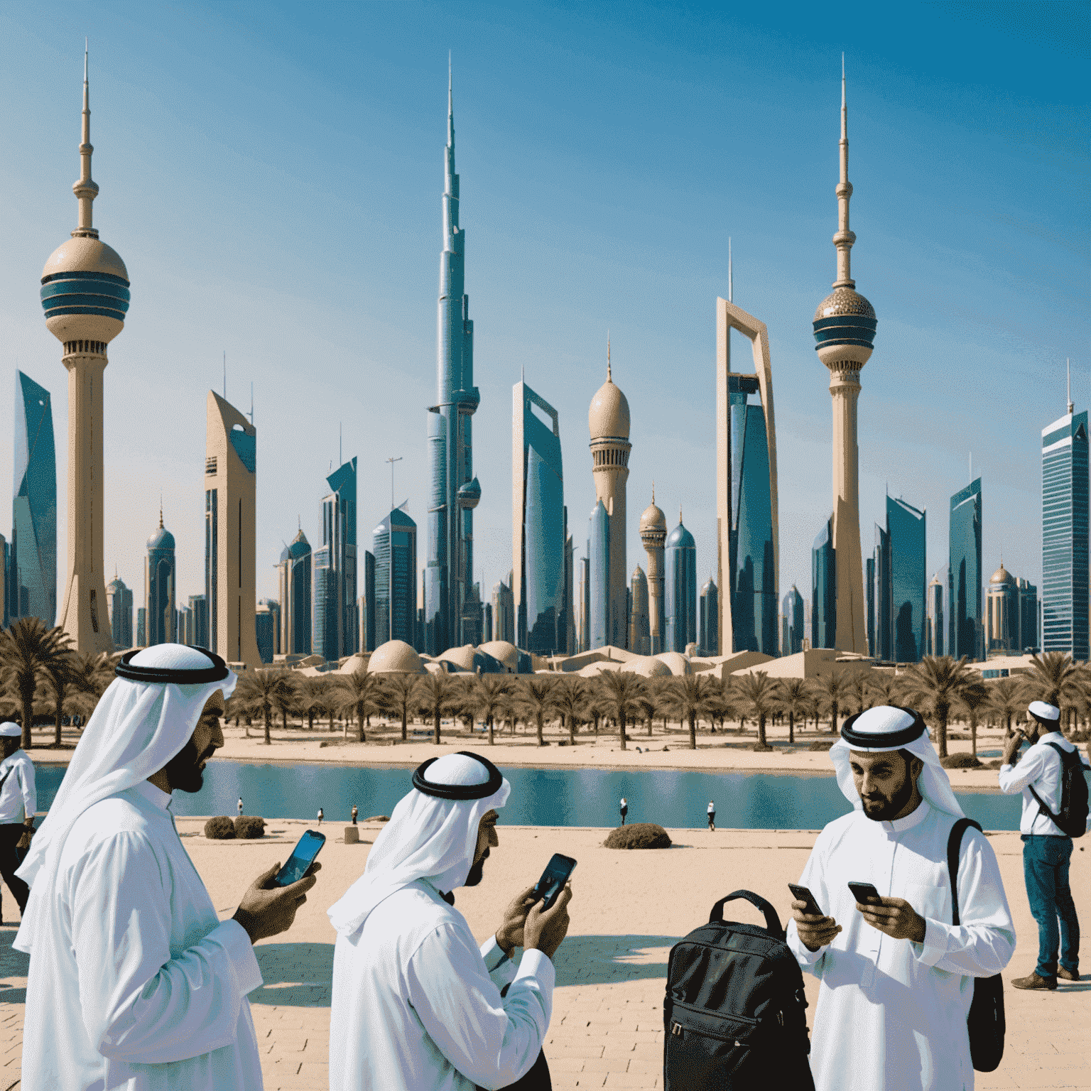 A collage of Kuwait's skyline, mobile phones with SIM cards, and tourists using their devices in iconic Kuwait locations