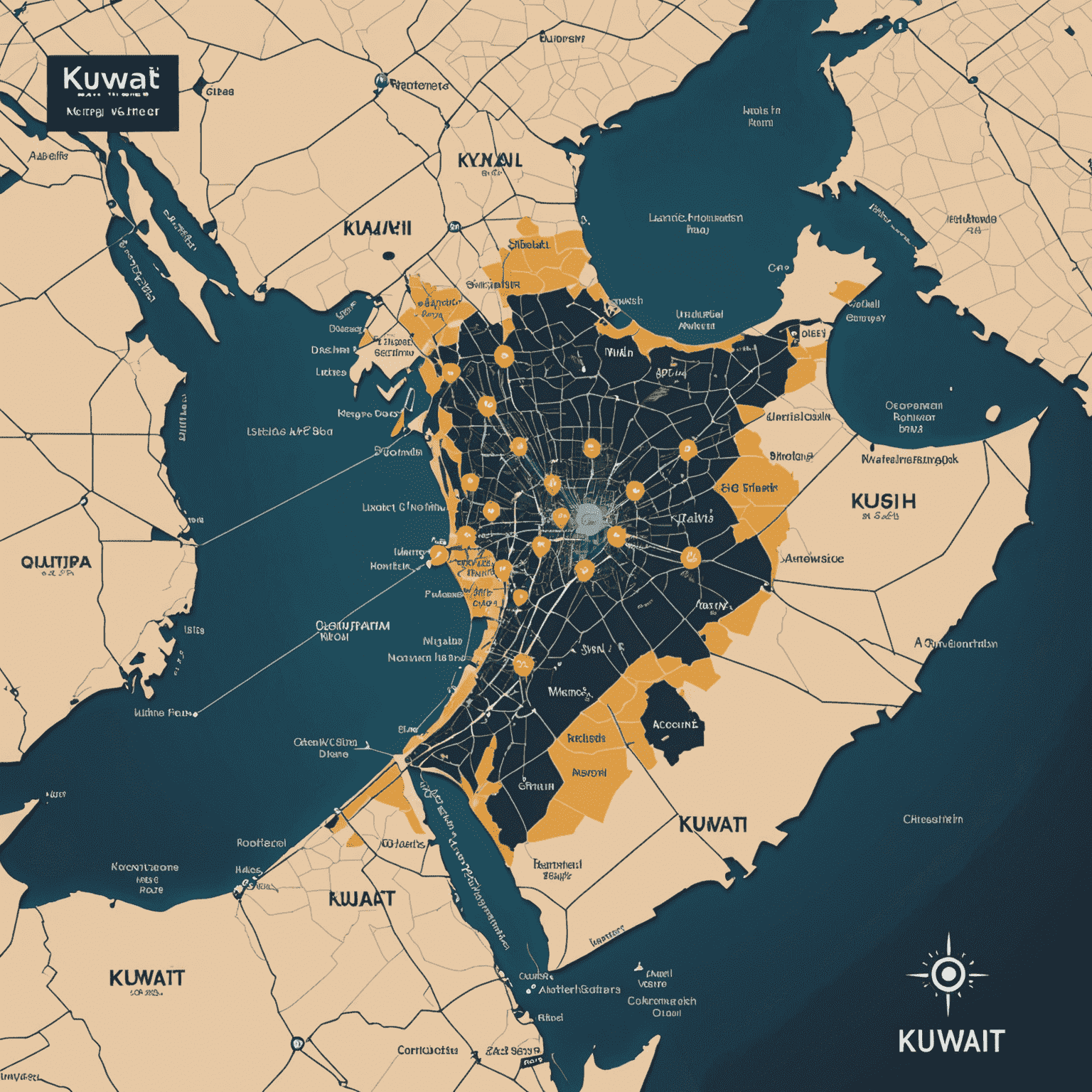 A map of Kuwait showing 5G coverage areas, with major cities highlighted and network towers illustrated