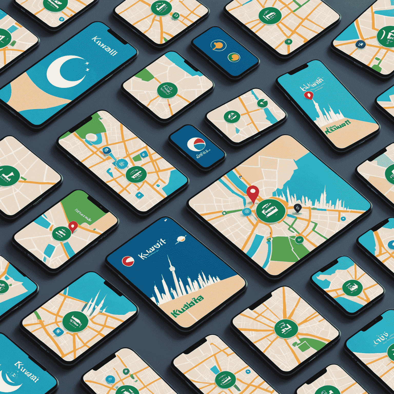 A collage showing various mobile devices displaying Kuwait's popular mobile carrier logos and a map of Kuwait City highlighting coverage areas