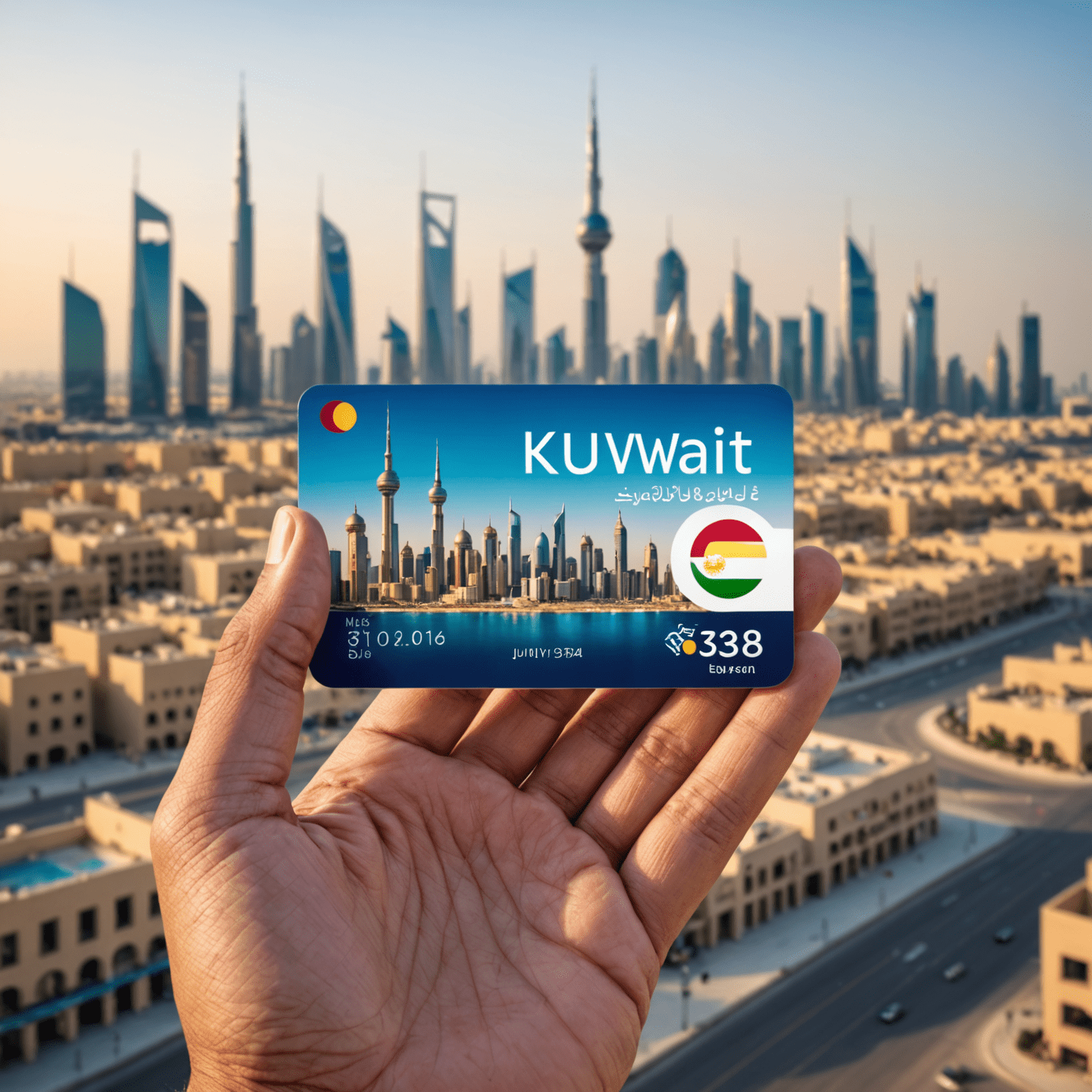 A hand holding a Kuwaiti SIM card with Kuwait City skyline in the background