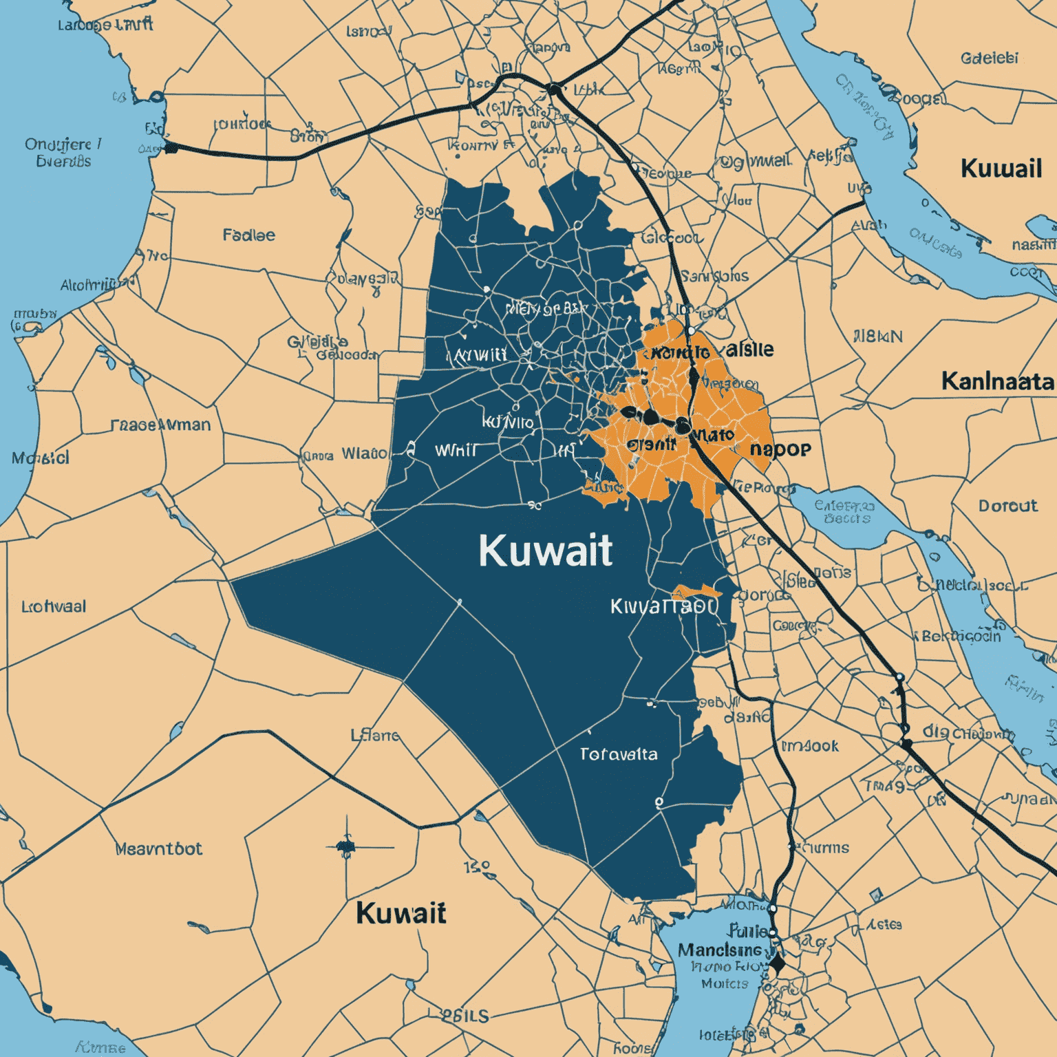 A map of Kuwait showing mobile network coverage areas, with Kuwait City highlighted as having the strongest signal