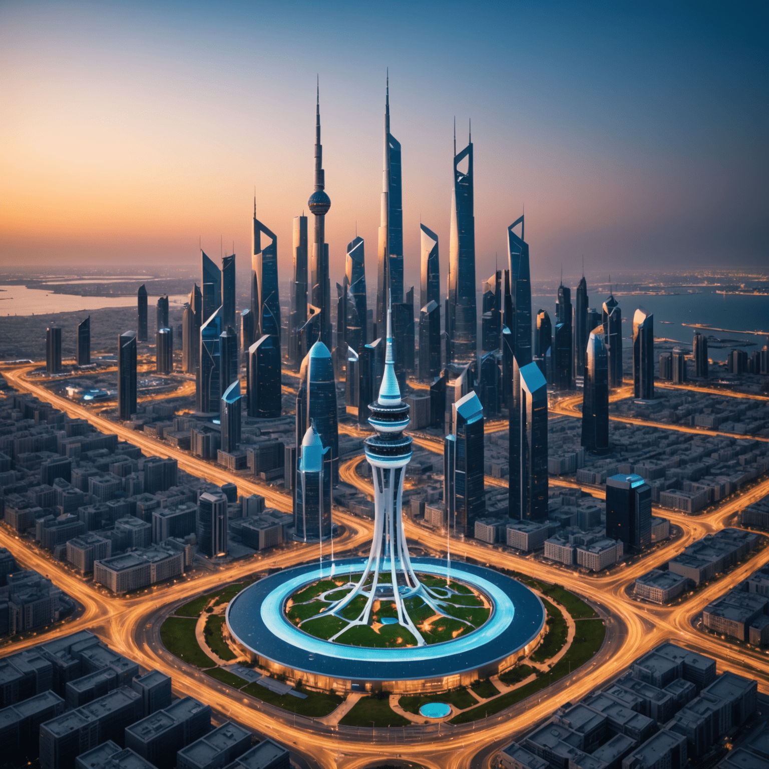 5G tower with Kuwait City skyline, showing futuristic network connections