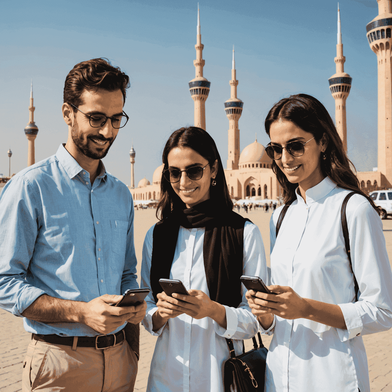 Diverse group of expats using smartphones with Kuwait landmarks in the background